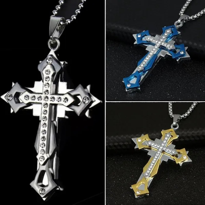 Fashion Men's Creative Diamond Cross Necklace Double Pattern Jesus Cross Pendant Hip Hop Necklaces for Men Cross Jewelry Religious Belief Amulet Birthday Anniversary Gift