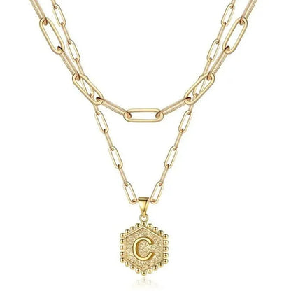 Dainty Layered Initial Necklaces for Women, 14K Gold Plated Paperclip Chain Necklace Simple Cute Hexagon Letter Pendant Initial Choker Necklace Gold Layered Necklaces for Women