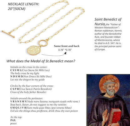 Saint Benedict Necklace Drop 18K Gold Toggle Medallion Coin Cross Pendant Necklaces Religious Jewelry Catholic Gift for Women