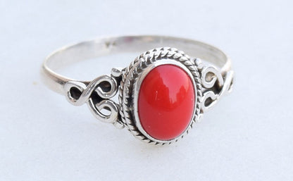 Red Coral Stone Ring 925 Sterling Silver Statement Ring for Women Handmade Rings Gemstone Christmas Promise Ring Size US 8 Gift for Her