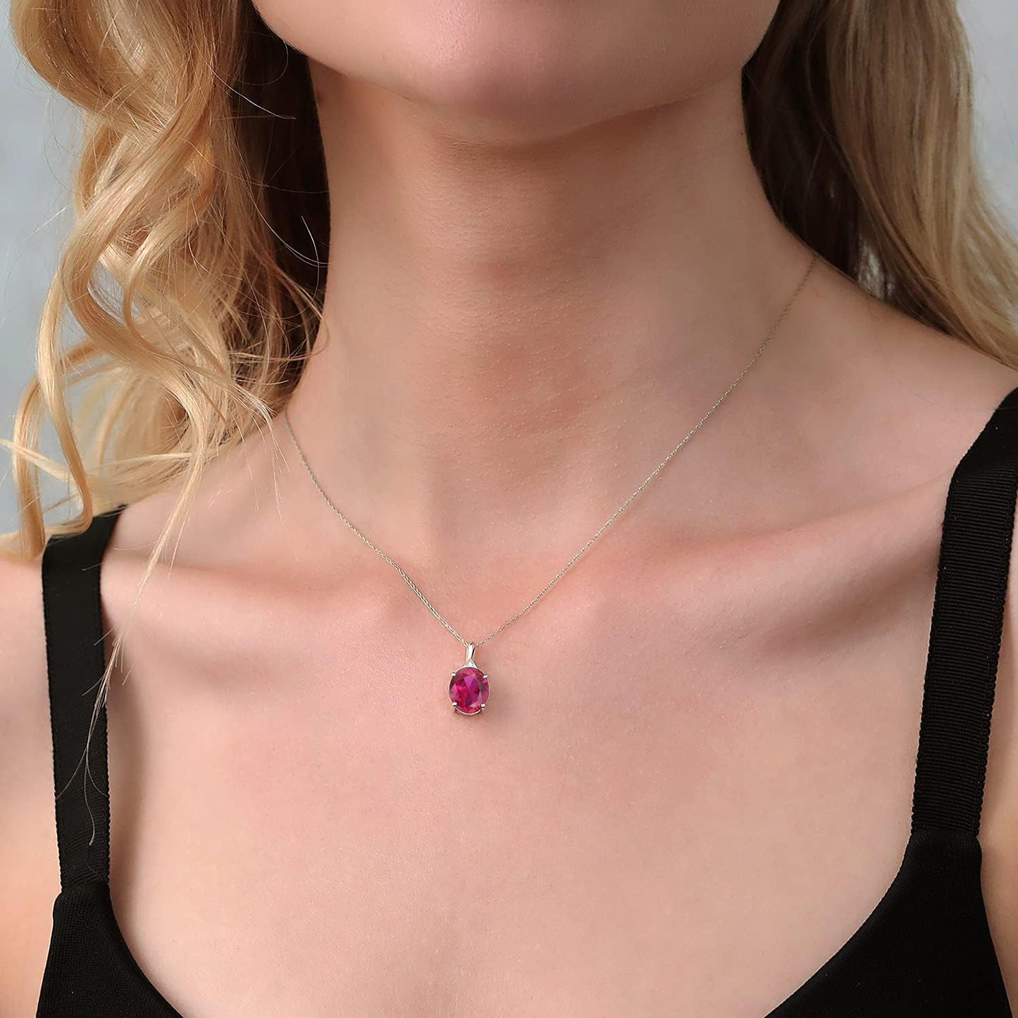 14K White Gold Oval Gemstone Birthstone and White Diamond Necklace | Oval 12X10MM | White Gold Pendant Necklace for Women | with 18 Inch Chain