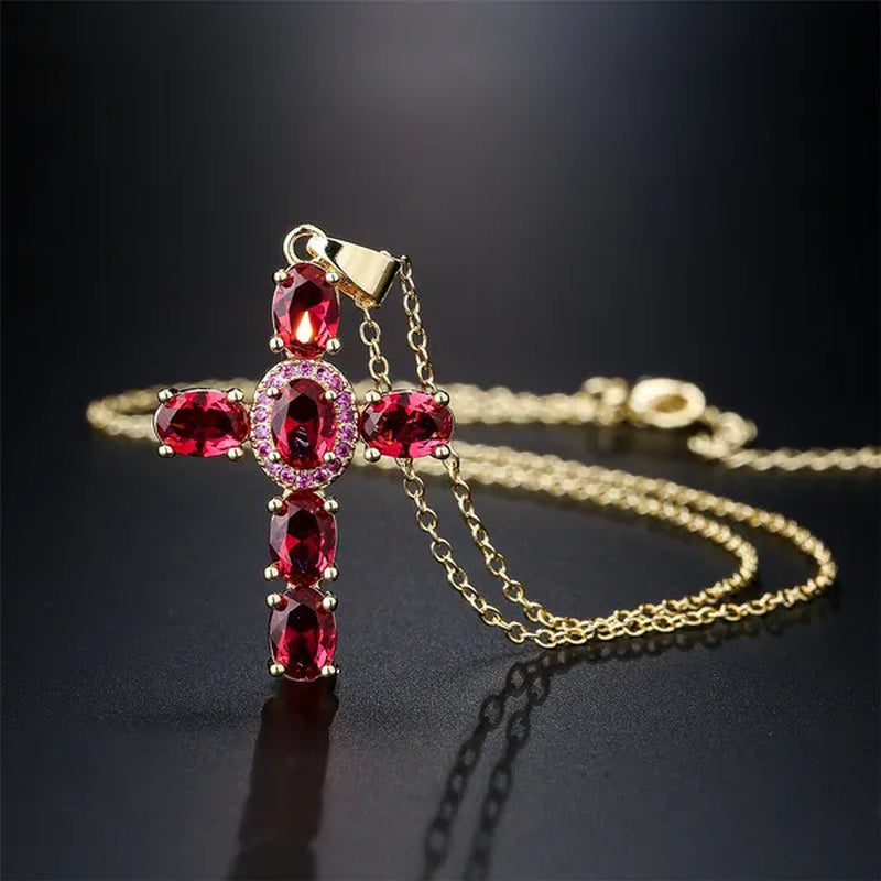Fashion Jewelry Luxurious Temperament Gold-Plated Sapphire Emerald Ruby Topaz Amethyst Cross Pendant Necklace