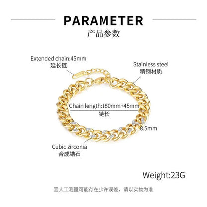 8.5Mm Wide Adjustable Curb Link Chain Bracelet Inlay Delicate Cubic Zirconia CZ Stone for Women Girls Titanium Steel Chunky Cuban Curb Chain Bracelets Bangle Lady Jewelry Silver / Gold