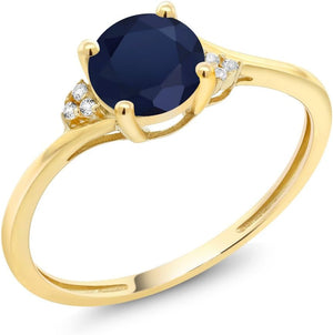 10K Yellow Gold Blue Sapphire and Diamond Accent Women Engagement Ring (1.05 Cttw, round 6MM, Available in Size 5, 6, 7, 8, 9)