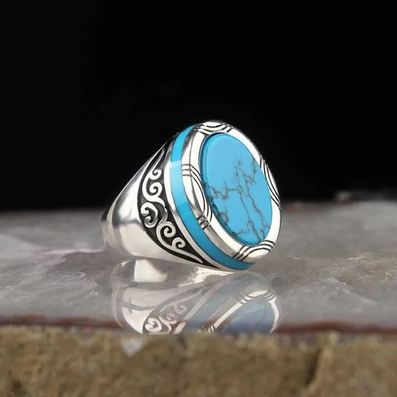 Luxury business men fashion 925 Sterling Silver Ring natural gem Turquoise Ring anniversary birthday gift European and American gentleman party ring high-grade jewelry - WORLD TIME VISITS