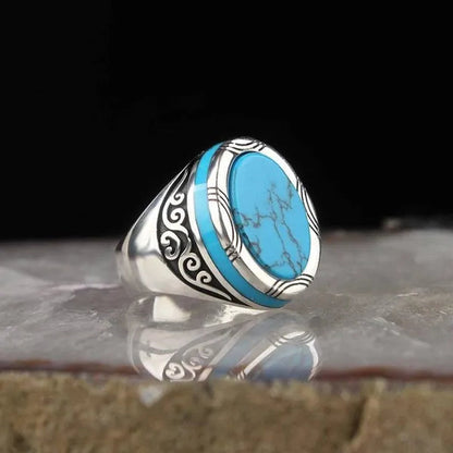 Luxury business men fashion 925 Sterling Silver Ring natural gem Turquoise Ring anniversary birthday gift European and American gentleman party ring high-grade jewelry - WORLD TIME VISITS
