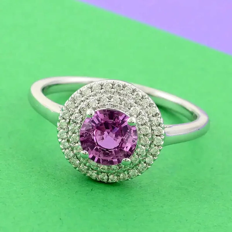 Shop LC Her ILIANA 18K White Gold round AAA Pink Sapphire Birthstone Real Diamond Double Halo Ring Engagement Anniversary Bridal Wedding Gift Ct 1.1 G-H Color Si1 Clarity