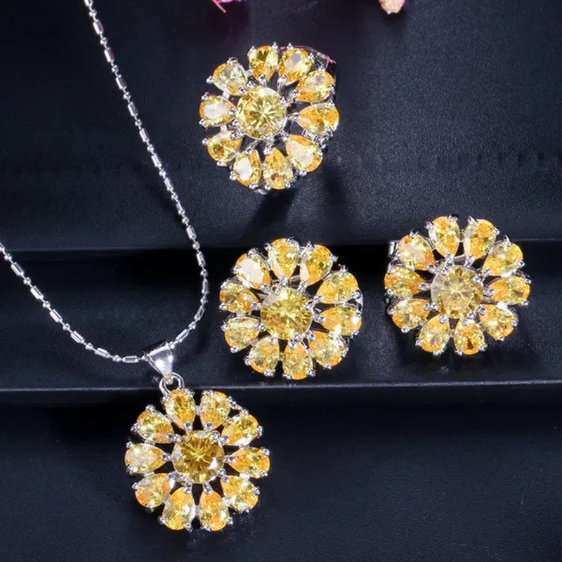 Gloriya Shining Purple Stone Sun Flower Pendant Necklace Earrings Ring Set For Women Newest Silver Color Jewelry