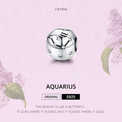 European Hot 12 Constellation Zodiac Round 925 Sterling Silver Beads Charm for Women Bracelet  Shining CZ Charm Fit Original Bangle Necklace DIY Jewelry Making