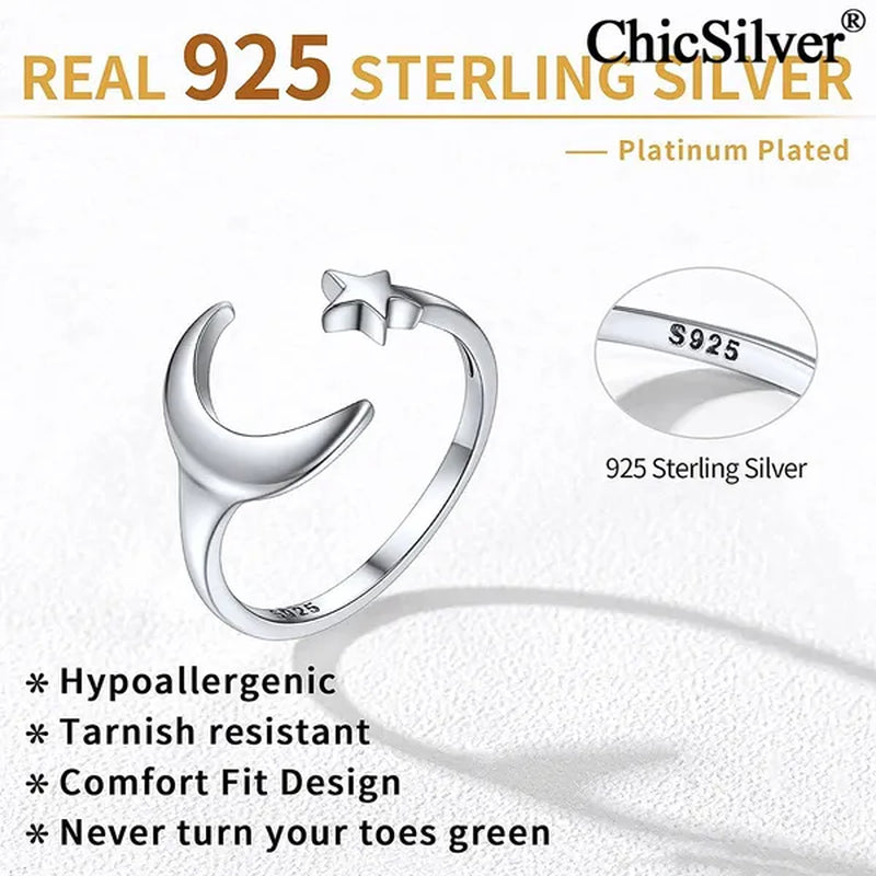 Chicsilver Moon and Star Toe Ring for Women 925 Sterling Silver Hypoallergenic Adjustable Toe Ring Band Women Beach Foot Jewelry