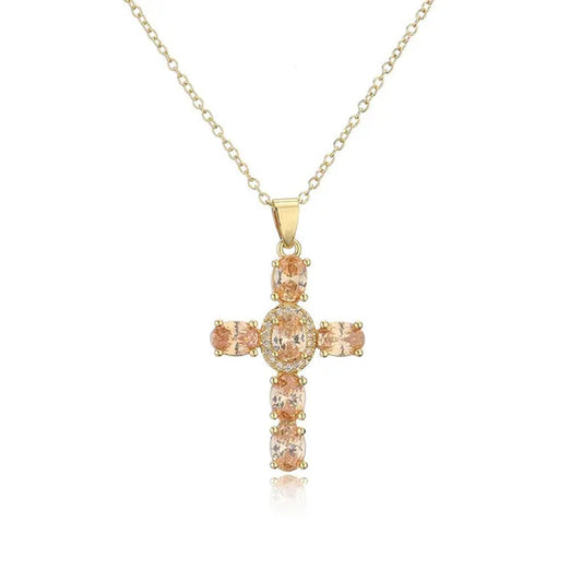 Fashion Jewelry Luxurious Temperament Gold-Plated Sapphire Emerald Ruby Topaz Amethyst Cross Pendant Necklace