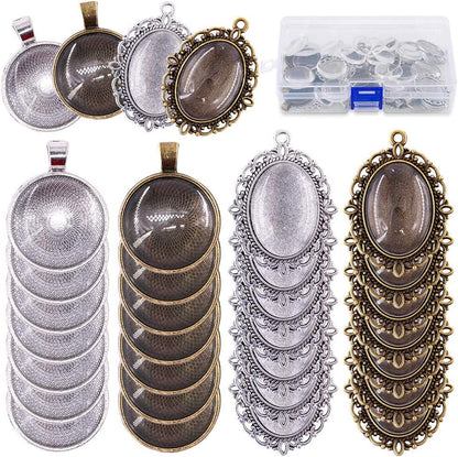 64-Pieces Pendant Set, 16Pcs Oval Pendant Trays and 16Pcs round Bezels with 32Pcs Glass Cabochon round Clear Dome Tiles for Crafting DIY Jewelry Making