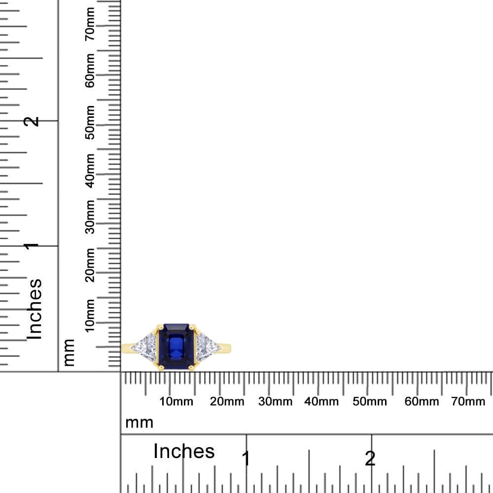14K Gold Plated 925 Sterling Silver Emerald Cut Blue Sapphire with Trillion White Topaz Ring for Women Statement Jewelry, Mother'S Day Gift for Her
