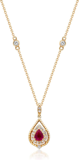 Women'S 14K Yellow Gold Mozambique Genuine Hot Pink Ruby Pendant with Diamonds (Pear-Cut) Shaped (QA0940P-BY)