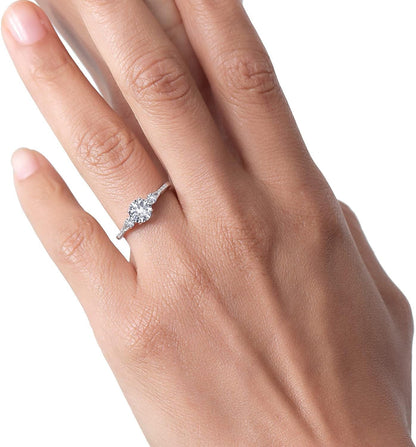 10K White Gold White Created Sapphire and White Diamond Accent 3-Stone Engagement Ring for Women (1.35 Cttw, round 6MM, Gemstone September Birthstone)