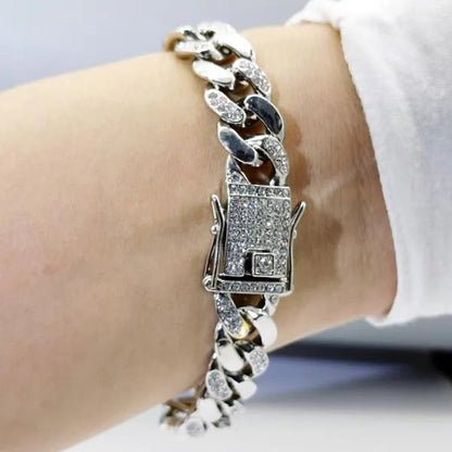 High Quality 12mm Hip Hop Hipster Cuban Chain Diamond Bracelet Men's Jewelry