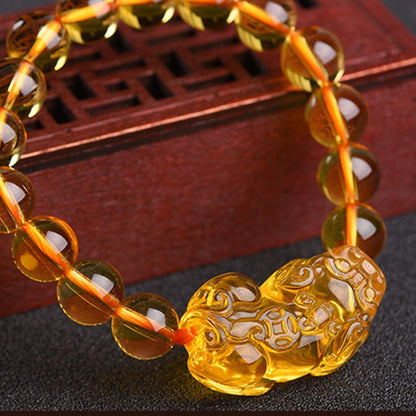 Feng Shui Yellow Quartz Pixiu Pi Yao Bracelet Wealth Crystal Bracelet Attracts Wealth Yellow Bracelet Ward off Evil Spirits Couple Bracelet Amulet,12Mm