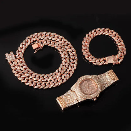 3 Colors 13MM Iced Out Chain Hip Hop Watch Necklace Bracelet Bling Miami Cuban Link Chain Mens Jewelry Set Relojes Hombre