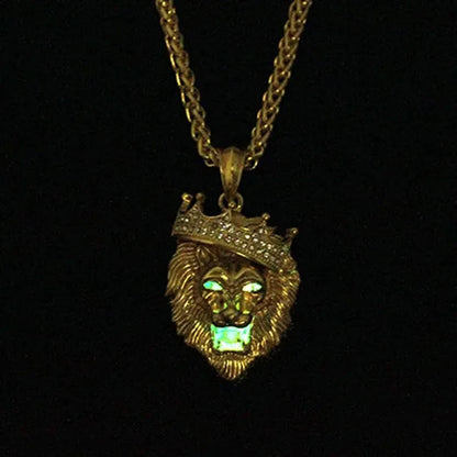Titanium Steel Diamond Crown Lion Head Necklace Hip Hop Luminous Necklace Men's Gold-plated Punk Party Pendant Necklace