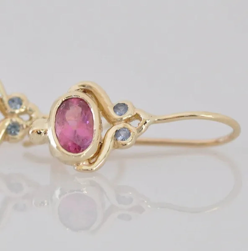 Unique Blue Sapphire Oval Pink Tourmaline Gemstone Dangle Hook Earrings Women Jewelry Gifts