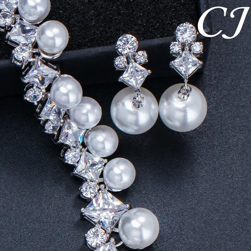 CANDICE High Quality White Gold Plating Square CZ Stone With White Pearl Luxurious Bridal Jewelry Wedding Choker Necklace and Drop Earrings Sets for Brides Dress Accessories