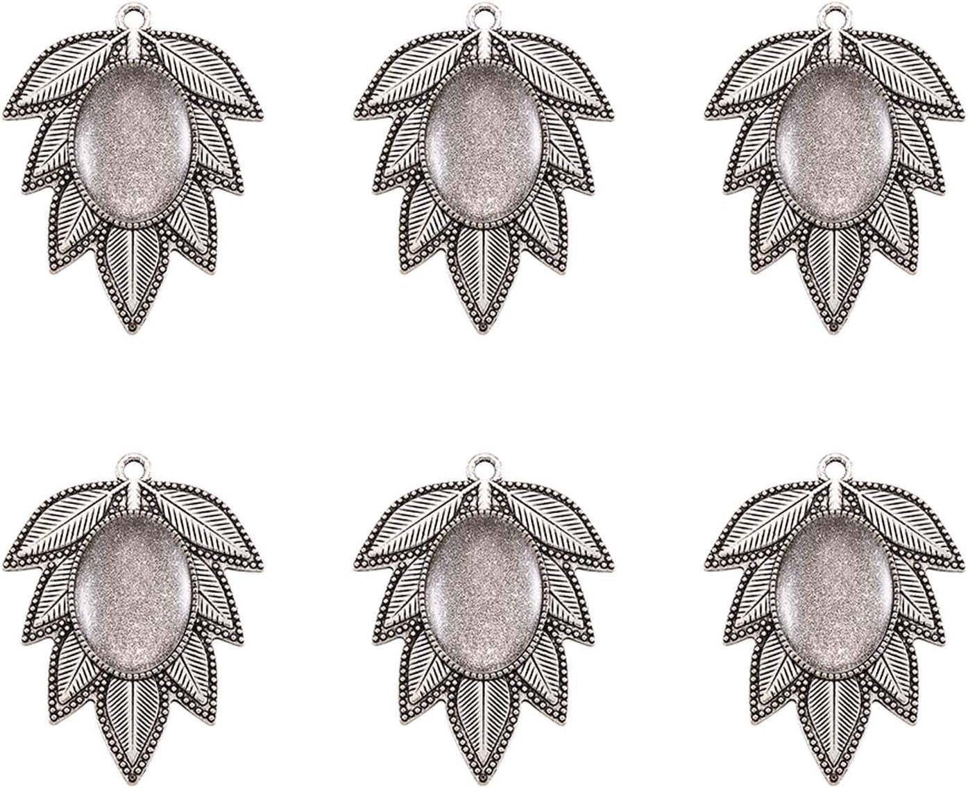 Pandhall 6 Set Leaf Tibetan Antique Silver Alloy Pendant Cabochon Bezel Settings with Clear Glass Cabochons, Trays: 18X25Mm