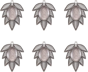 Pandhall 6 Set Leaf Tibetan Antique Silver Alloy Pendant Cabochon Bezel Settings with Clear Glass Cabochons, Trays: 18X25Mm
