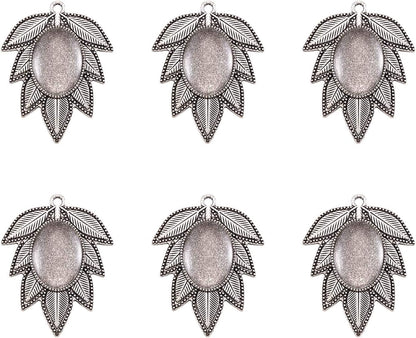 Pandhall 6 Set Leaf Tibetan Antique Silver Alloy Pendant Cabochon Bezel Settings with Clear Glass Cabochons, Trays: 18X25Mm