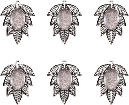 Pandhall 6 Set Leaf Tibetan Antique Silver Alloy Pendant Cabochon Bezel Settings with Clear Glass Cabochons, Trays: 18X25Mm