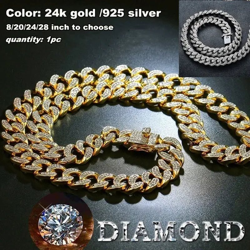 1pc Iced Out Bling Rhinestone Crystal Gold Finish Miami Cuban Link Chain Diamond Gold/925 Silver Men's Hip Hop Necklace or Bracelet Jewelry 8/20/24/28 Inch