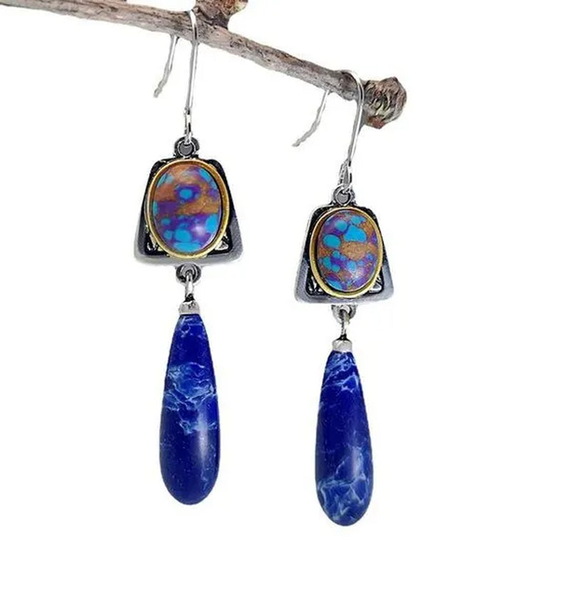 Exquisite Retro Bohemian Earrings Silver Plated Blue Stone Dangle Hook Earrings Bridal Wedding and Engagement Anniversary Gift Jewelry Earrings for Women - WORLD TIME VISITS