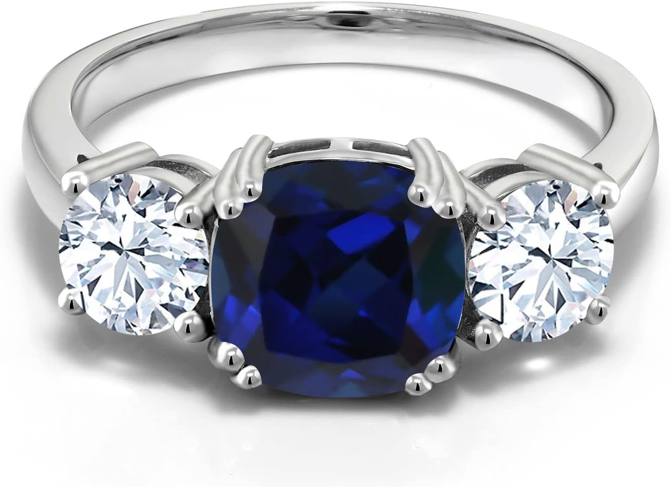 925 Sterling Silver Blue Simulated Sapphire and White Zirconia 3 Stone Engagement Ring for Women (4.00 Cttw, Gemstone September Birthstone, Cushion 8MM, Available in Size 5,6,7,8,9)