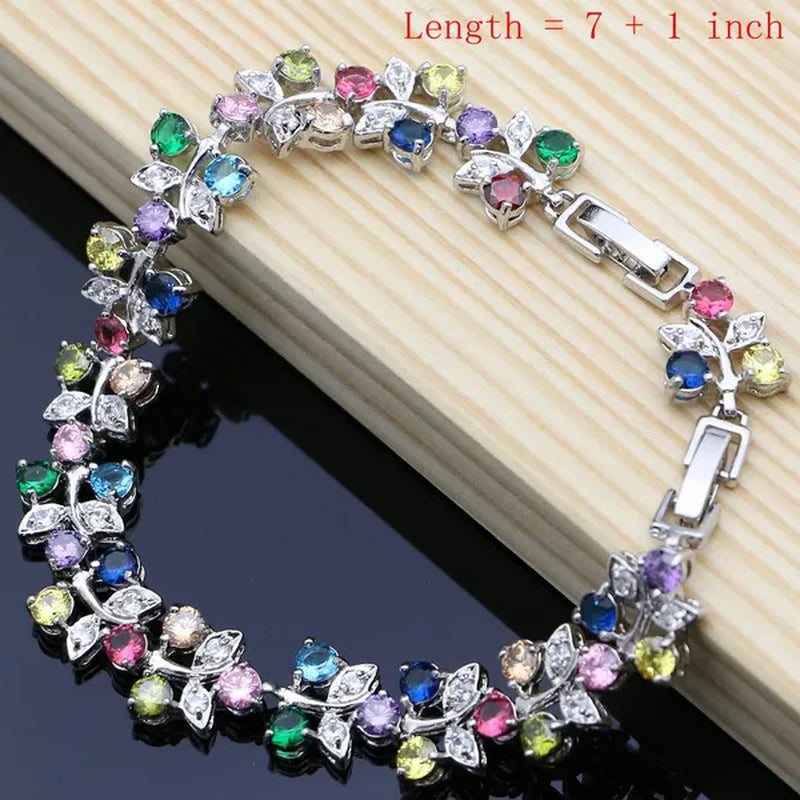 925 Silver Bridal Jewelry Sets Multicolor Topaz Charm for Women Party Plant Design Ring Bracelet Set