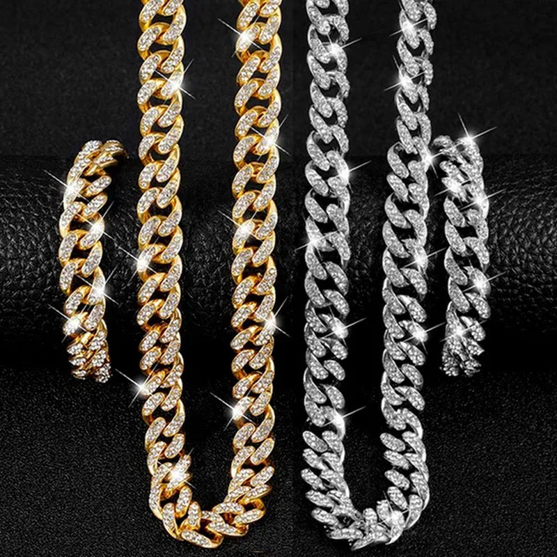 13MM  24K Gold/925 Silver Iced Out BlingBling Diamond Cuban Link Chain Miami Choker Necklace Bracelet Jewelry Set for Fashion Men and Women Hip Hop Jewelry - WORLD TIME VISITS