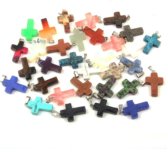 Wholesale 20 Pieces Natural Stone Pendants Charms, Cross Shape Chakra Beads Crystal Quartz Healing Charms for DIY Necklace Jewelry Making,18X25Mm, Assorted Color