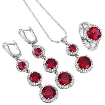 3Pcs/Set Women 925 Silver Plated Black Sapphire Ring Earrings Necklace Jewelry Set (Choice Color and Size)