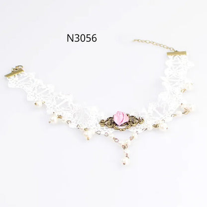 White Lace Necklace Chokers Black Collares Vintage Style Female Gothic Wedding Red Rose Crystal Diamond Pendant Collarbone Necklaces Chain Accessories for Women Girls - WORLD TIME VISITS
