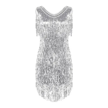 Women's Gowns V Neck Sparkling Sequin Tassels Rhythm Ballroom Salsa Samba Rumba Tango Latin Dance Dress