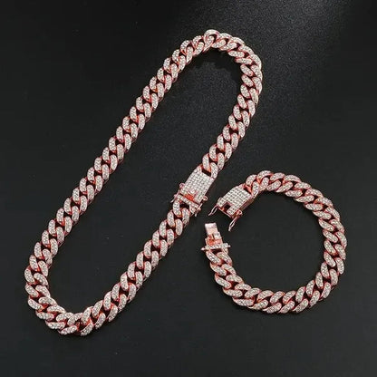 24K Gold / 925 Silver / Rose Gold Stainless Steel Hip Hop Jewelry Iced Out Diamond Thick Miami Cuban Link Chain Necklace Bracelet Watch for Men'S and Women'S Party Jewelry Set Nightclub Bar Fashion Accessories