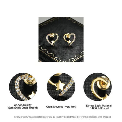 Gold  Love Heart Star White Sapphire Diamond Stud Earrings for Women Wedding Engagement Bride Jewelry Gift