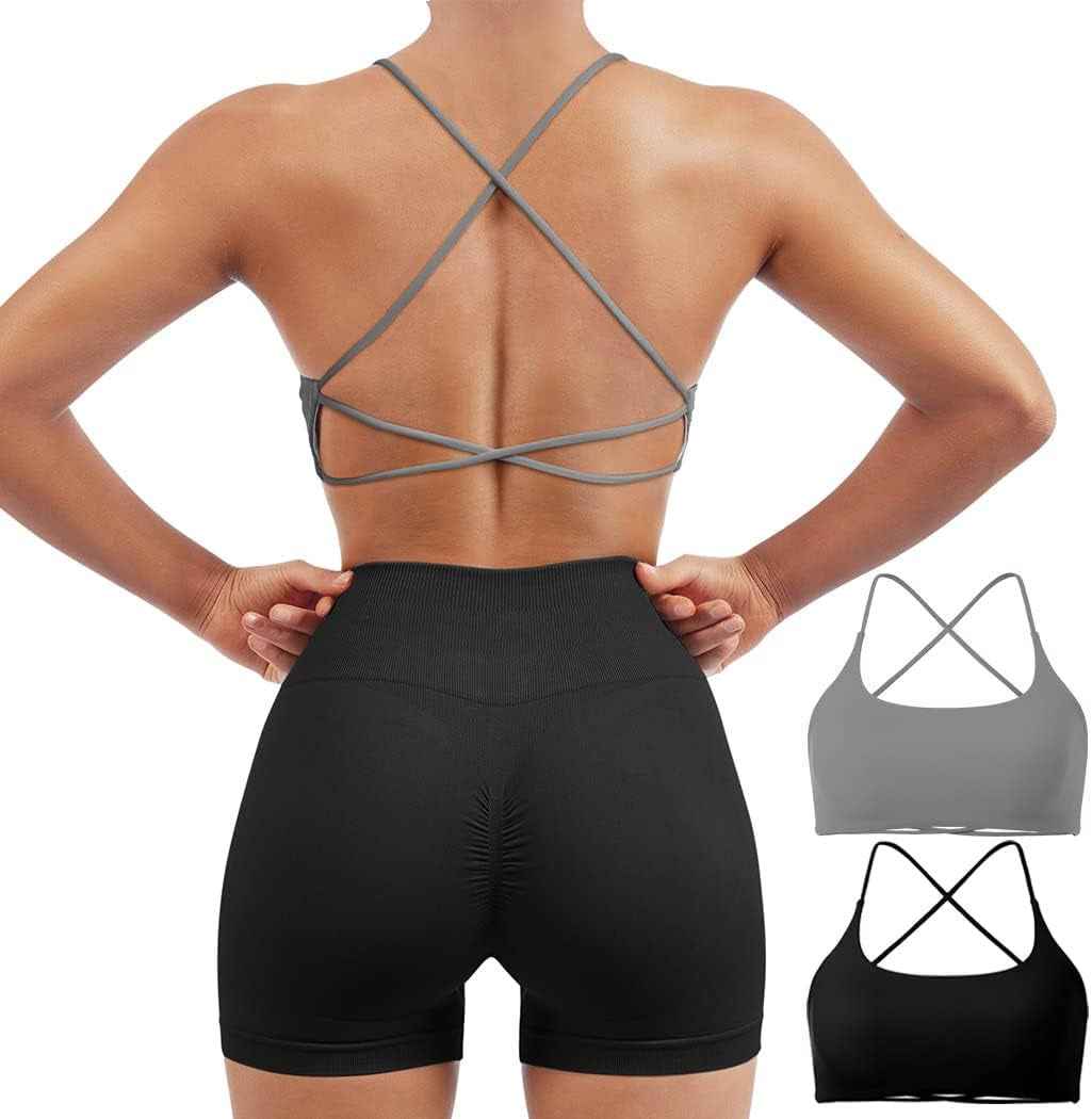 Women 2 Piece Open Back Sports Bra Pack Strappy Workout Gym Yoga Crops