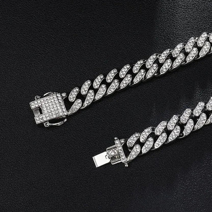 Hip Hop Iced Out Paved Rhinestones 13MM Full Miami Curb Cuban Chain CZ Bling Rapper Necklaces Bracelet Watch for Men Jewelry Set