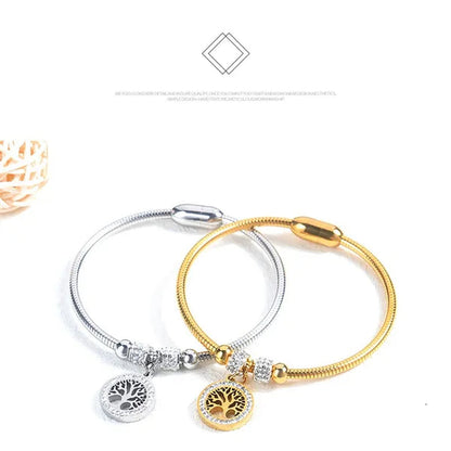 Gold Plated  Tree of Life Bangle Bracelet Women Stainless Steel Family Tree Charm Bracelets with AAA Rhinestones & Magnetic Buckle