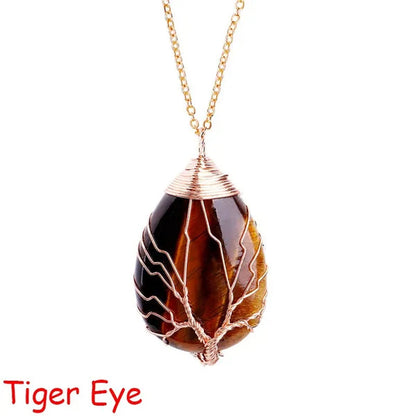 Vintage Natural Gemtone Crystal Amethyst Rose Quartz Tiger Eye Stone Water Drop Tree of Life Pendant Necklace for Women Men Jewelry