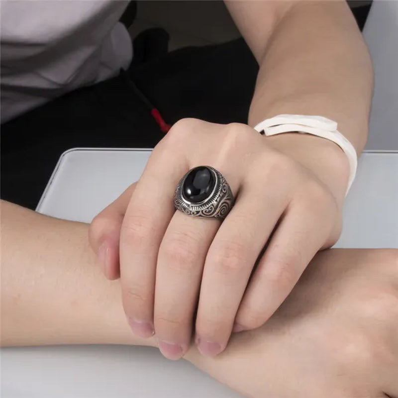 Men's Women's Natural Oval Black Onyx Gem Silver Gold Stainless Steel Ring Gift Jewelry Plus Size 8-15