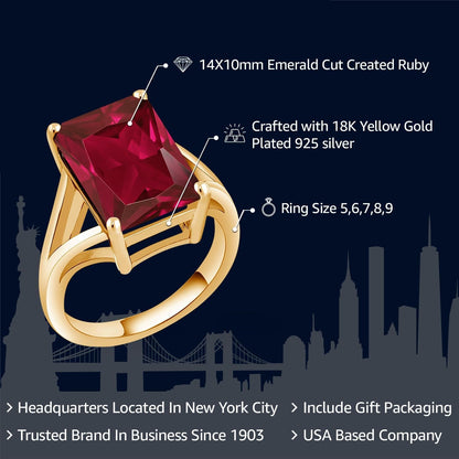 14X10MM Emerald Cut Gemstone Birthstone Solitaire Engagement Ring for Women | 18K Yellow Gold Plated Silver | Wedding Anniversary Ring for Women | Available in Size 5, 6, 7, 8, 9
