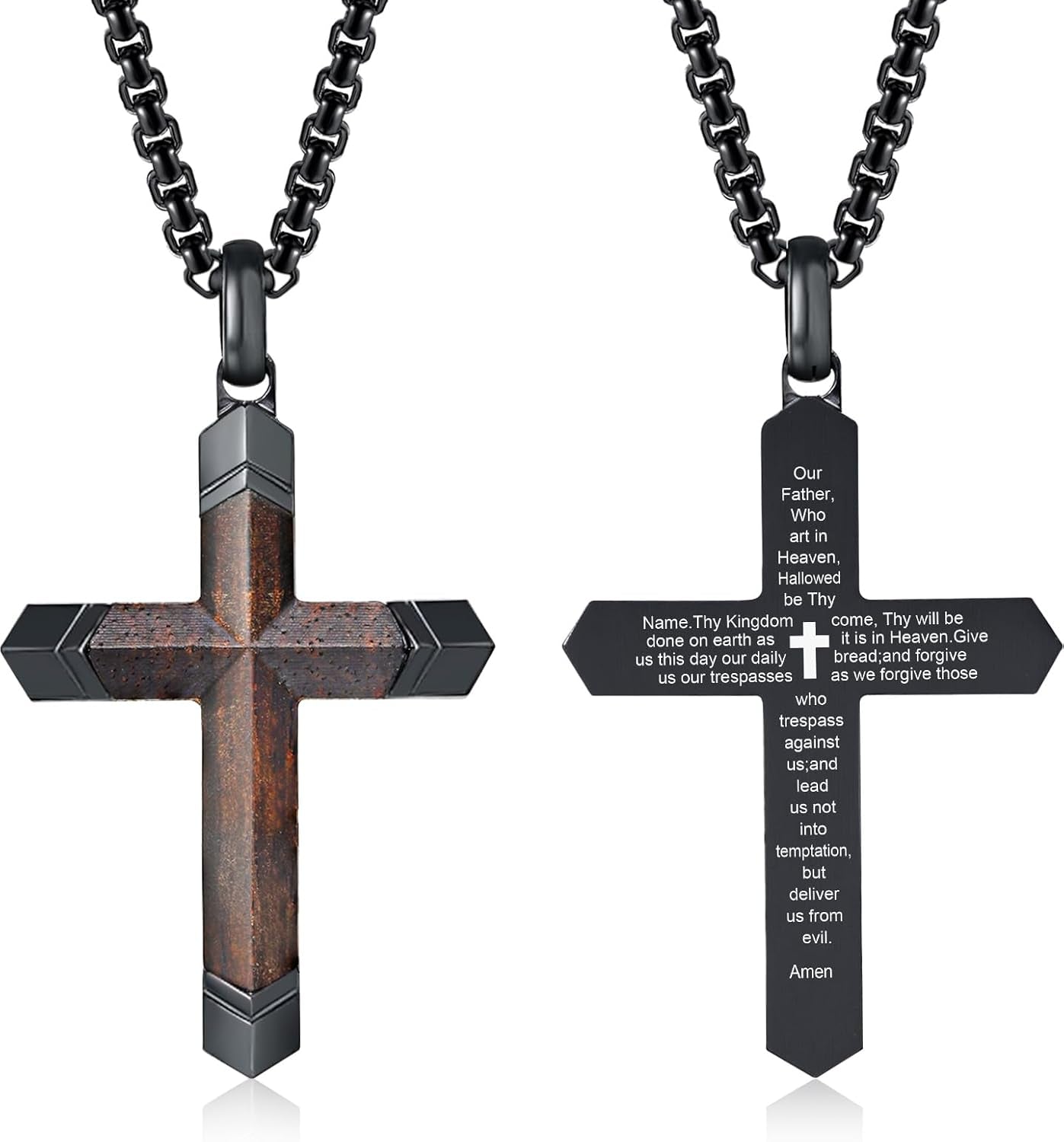Wooden Cross Bible Verse Necklace for Men, Hawaiian Handmade Real Black Ebony Wood Cross Pendant Stainless Steel Chain, Mens Cross Necklaces Koa Wood Jewelry Christian Baptism Easter Gifts