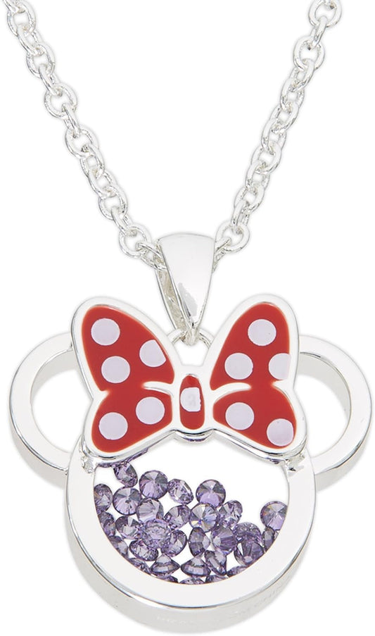Women and Girls Birthstone Jewelry - Minnie Mouse Cubic Zirconia Shaker Pendant Necklace, Silver Plated, 18+2" Extender