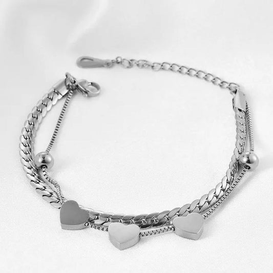 Women's Chain Bracelets 18K Gold Plated Stainless Steel Classic Heart Double Layer Tennis Bracelet Adjustable Bangle for Women