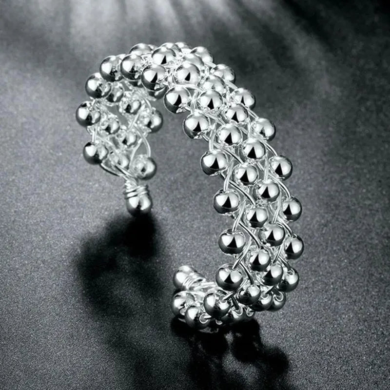 925 Sterling Silver Smooth Round Beads Hand-woven Four-row Wide Face Bangle Bracelet Fashion Charm Party Jewelry